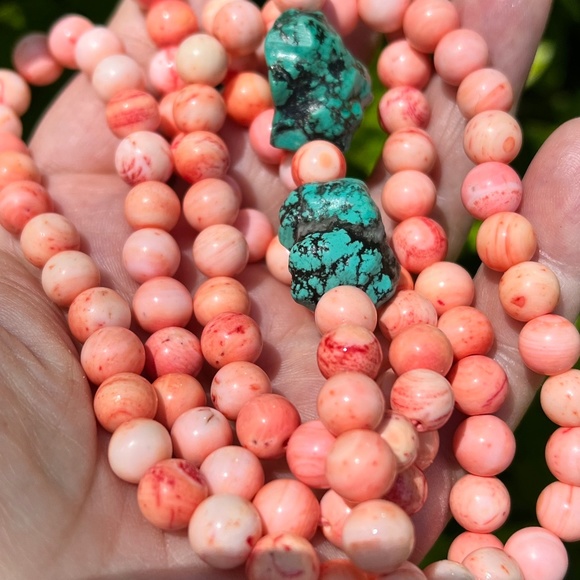 VINTAGE ANGEL SKIN CORAL &LARGE TURQUOISE BEADS LONG NECKLACE UNIQUE COLOR COMBO